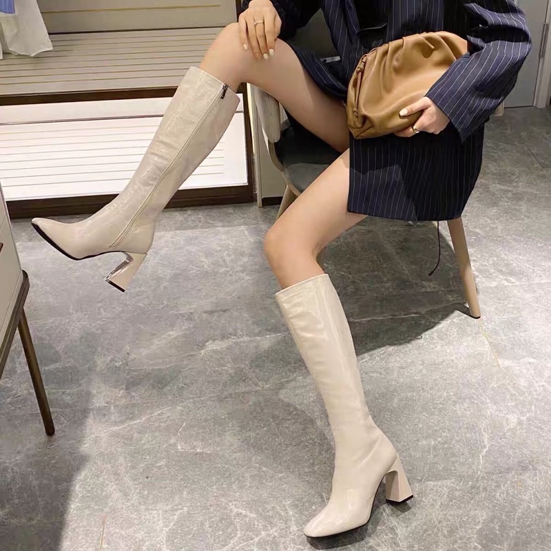 Bốt đùi nữ da bóng khoá cạnh từ trên xuống cao cấp, giày boots nữ cao gót hàng VIP [đặt tăng 1 size]