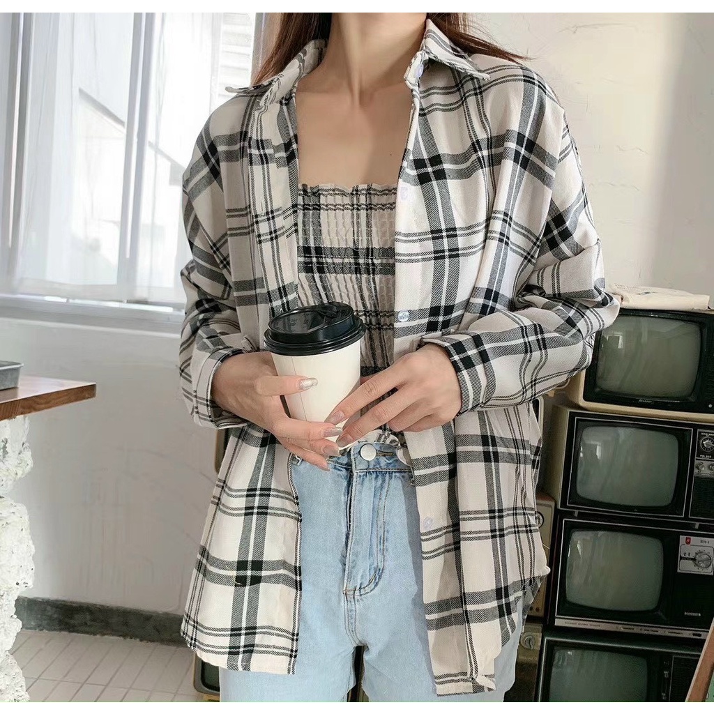 Áo sơ mi nữ sọc caro form to rộng kèm áo ông nhún thun bụi bặm