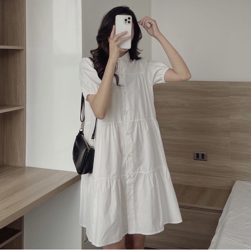Đầm Sơ Mi Trắng Nữ Cộc Tay Cúc Cài 3 Tầng 🦋 Váy Babydoll Nữ Tay Lỡ Dáng Lửng Bo Chun Xòe 🦋