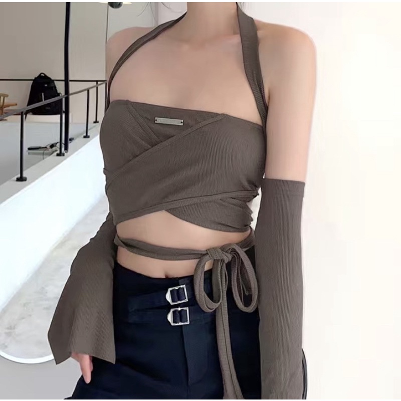 Set áo quây croptop buộc eo kèm ống tay áo xẻ tà