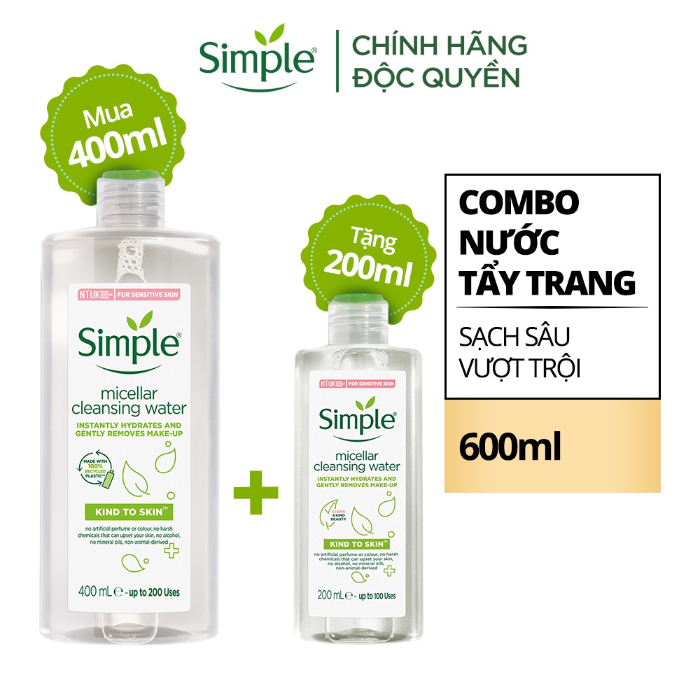 [CHÍNH HÃNG - MUA 400ML TẶNG 200ML] Nước tẩy trang Simple Micellar làm sạch trang điểm không chứa cồn gây khô rát 400ML