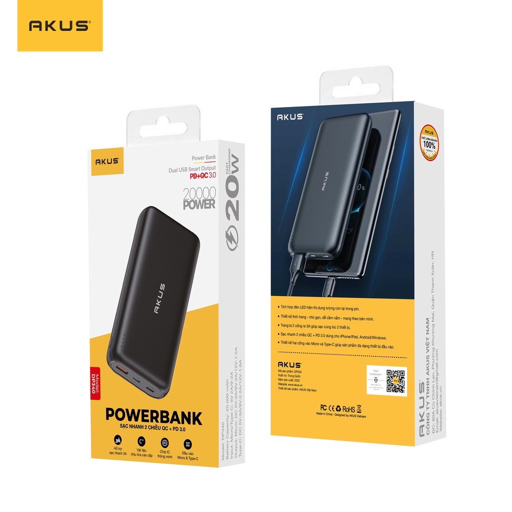 Sạc dự phòng 20000 mAh sạc nhanh 20w AKUS - DP340 - Hàng ChínhHãng - BH 12 tháng- Đen