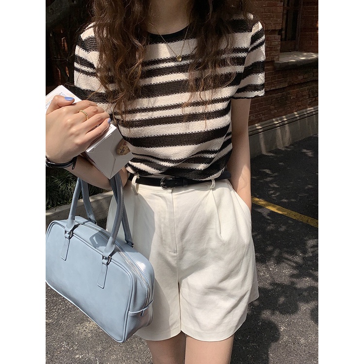 Áo Dệt Kim Ngắn Tay Cổ Tròn Họa Tiết Kẻ Sọc Thời Trang Mùa Hè Hàn Quốc