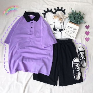 UNISEX - SET ULZZANG - SET ÁO POLO + SHORT THUN - ÁO POLO MIX CỔ - SHORT THUN TRƠN - POLO  MIX UNISEX NAM NỮ