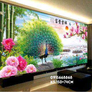 Tranh thêu chữ thập chim khổng tước kt 150*74cm