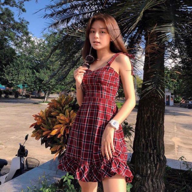 [ ẢNH THẬT TRẢI SÀN] ĐẦM CARO VAI NƠ XÒE NHẸ ĐUÔI CÁ MARIKO DRESS , ་