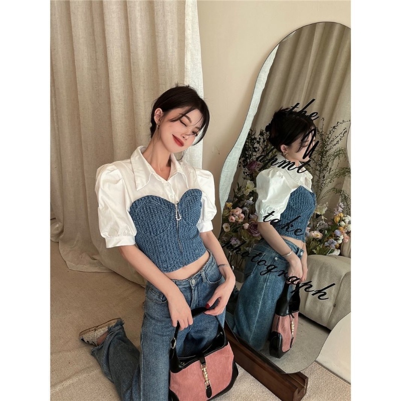 Áo sơ mi COZOKC denim ngắn tay dáng ôm kiểu cổ điển cá tính