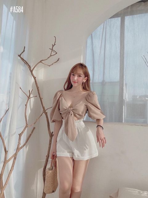 Set crop cột nơ tay phồng