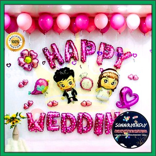 [Giá rẻ nhất] Bộ Bóng Bay Phụ Kiện Cô Dâu Chú Rể Trang Trí Phòng Cưới Happy Wedding Như Hình BLQQ