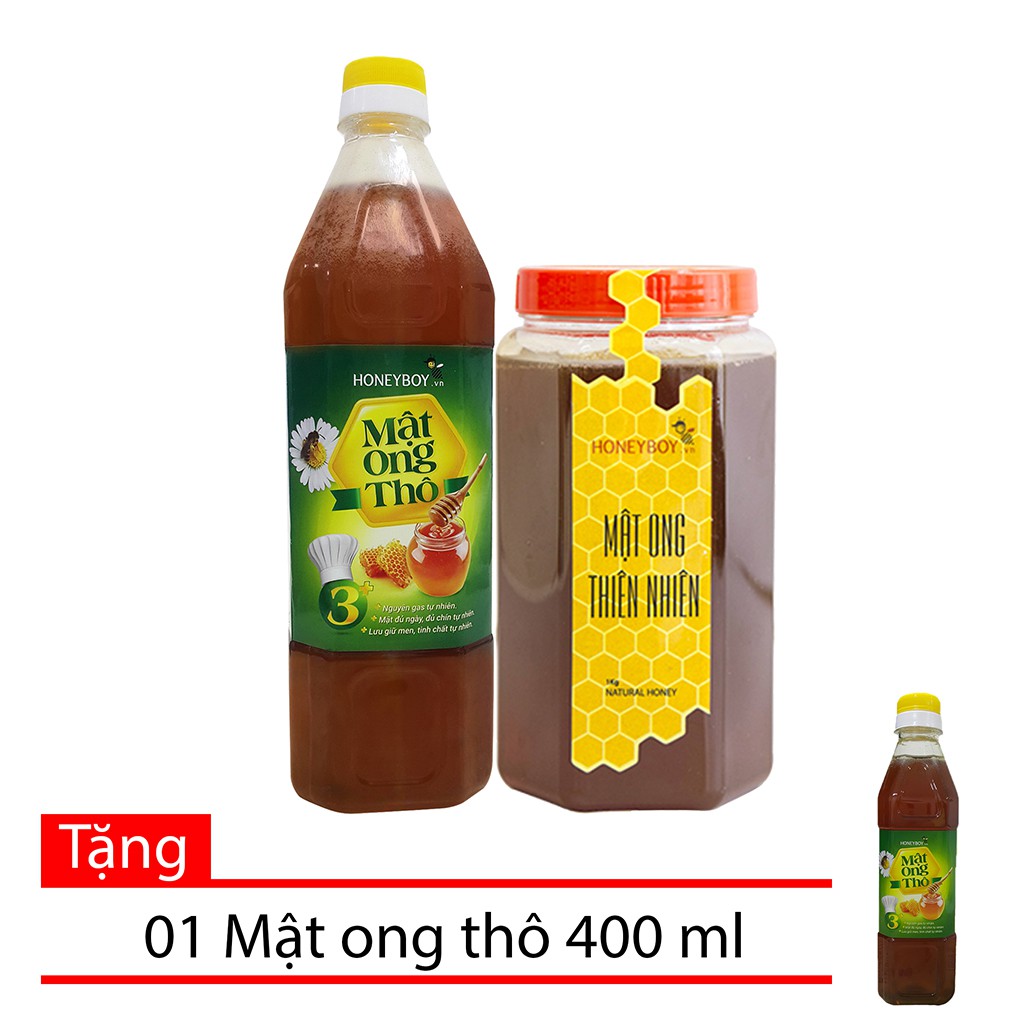 Bộ Mật Ong Thô Honeyboy 1 lít và Mật Ong Thiên Nhiên Honeyboy 1 kg tặng chai Mật Ong Thô Honeyboy 400 ml