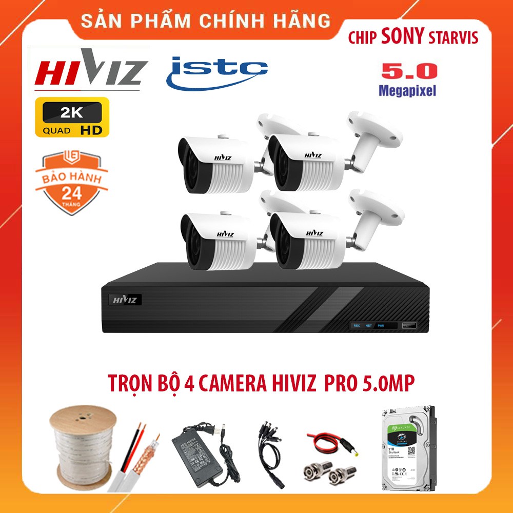Trọn Bộ 4 Camera giám sát HIVIZ Pro 5.0MP {2K} Siêu nét -  Kèm HDD, Đầy đủ phụ kiện lắp đặt