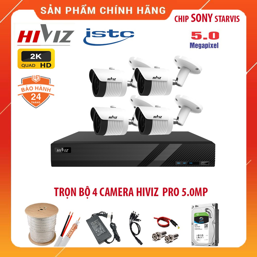 Trọn Bộ 4 Camera giám sát HIVIZ Pro 5.0MP {2K} Siêu nét -  Kèm HDD, Đầy đủ phụ kiện lắp đặt | BigBuy360 - bigbuy360.vn