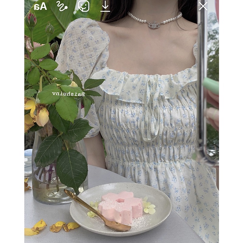 Váy trắng chông chúa đầm hoa nhí tiểu thư dáng ngắn nhẹ nhàng Firstdateclothing