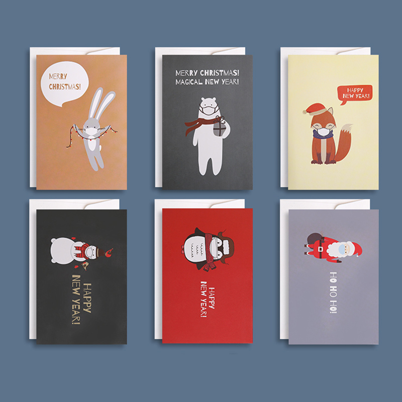 Bộ 6 Thiệp Giáng Sinh X-Mas Hình Động Vật Hoạt Hình Dễ Thương Kèm Phong Bì