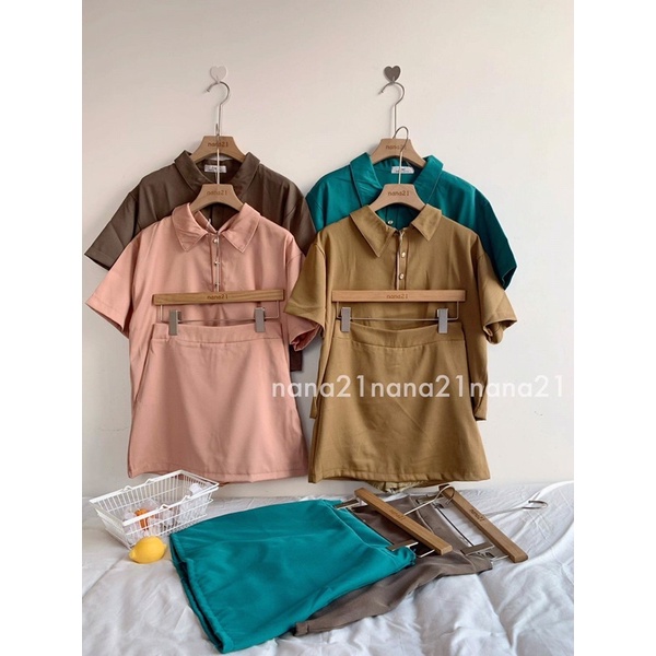 Set 2 món áo pull polo kèm chân váy trơn