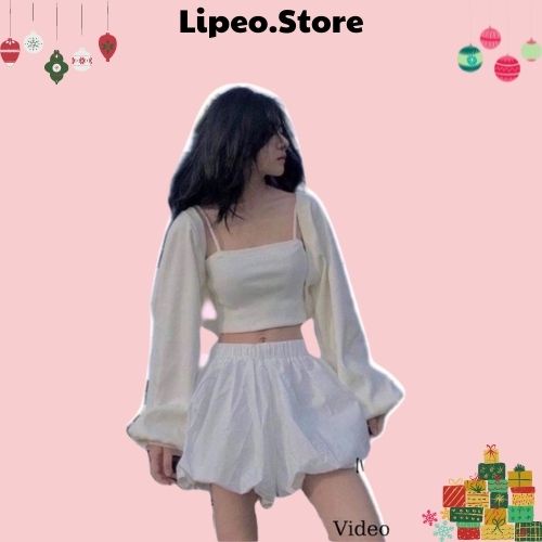 Set áo quây tăm kèm áo tay bồng trắng ulzzang