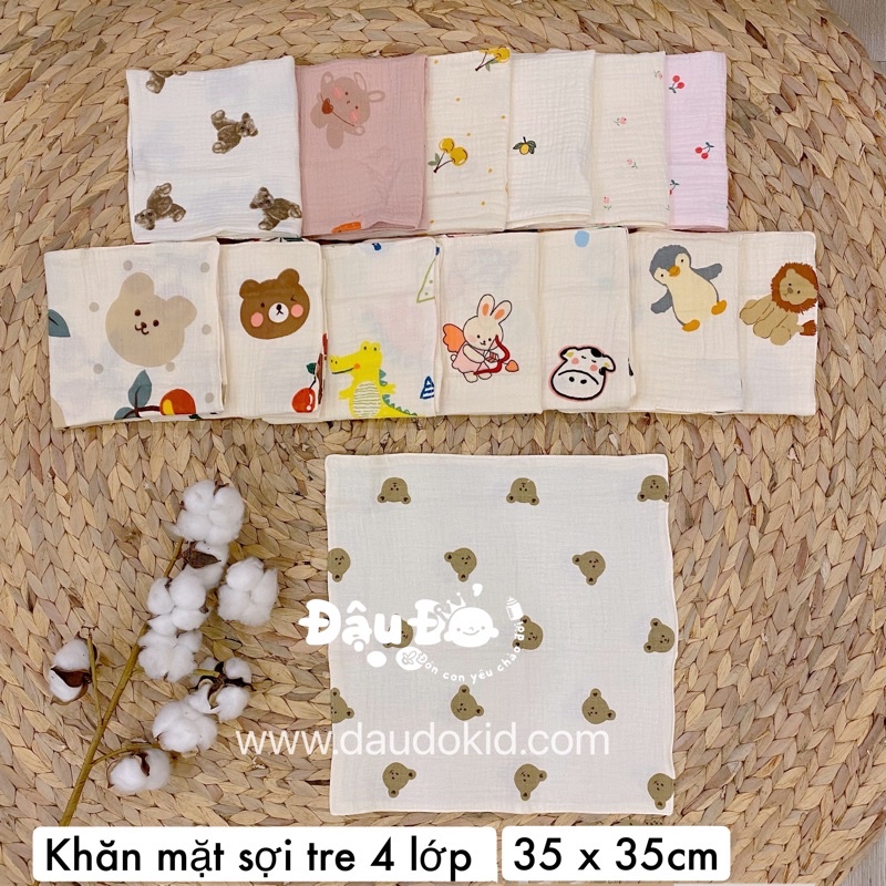 Khăn Mặt Sợi Tre cho bé ss 35x35cm. Hai mặt. Bốn Lớp