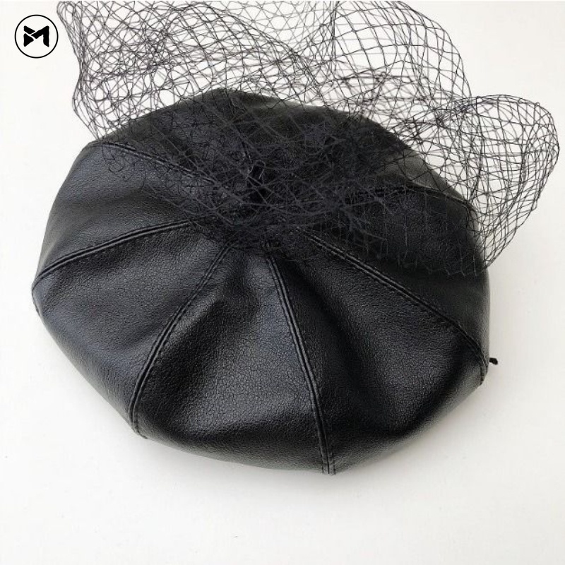 Mũ Beret Da PU Phối Lưới Phong Cách Retro Cho Bạn Gái