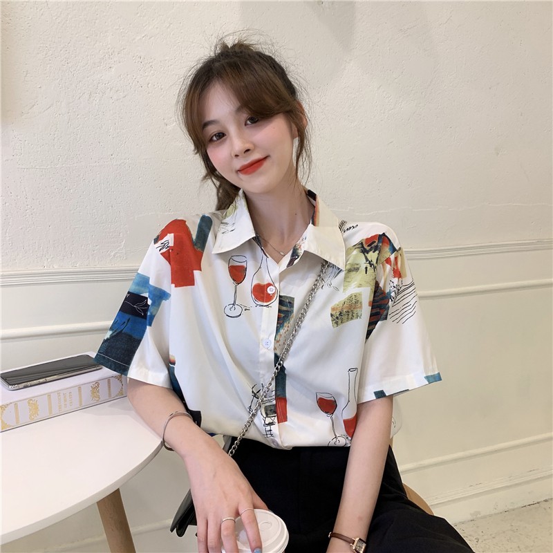 LEEVA - Áo sơ mi chiffon tay ngắn in họa tiết thời trang ngày thường cá tính cho nữ: Trắng hình | BigBuy360 - bigbuy360.vn