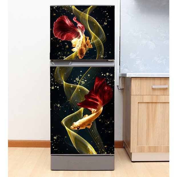 Decal dán trang trí tủ lạnh mẫu Cá Koi Đuôi Đỏ - Chất lượng cao - chống thấm