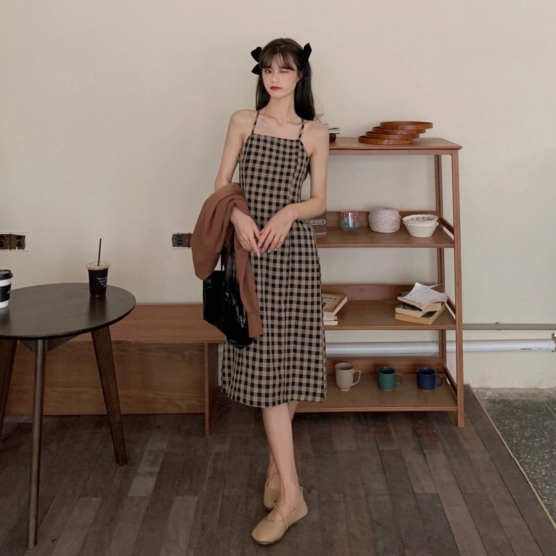 Váy hai dây kẻ nâu dáng dài kiểu dáng vintage Linzstore V165
