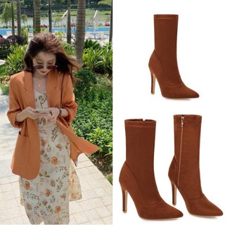 Giày boot cổ lửng đế cao 11cm da lộn màu nâu GBMN-05N