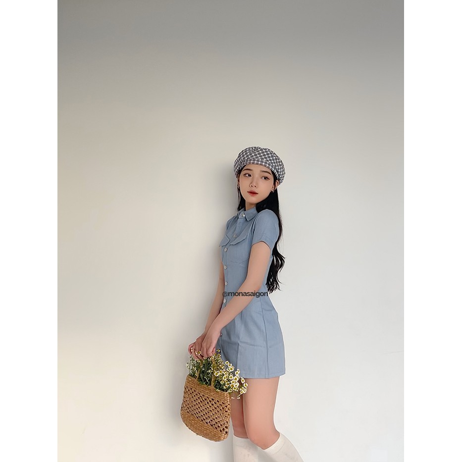 MONÁ - Đầm dáng suông cổ sơmi xanh blue jeans có túi - HEBE DRESS