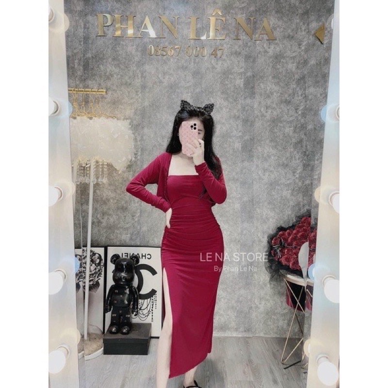 Set đầm dây ôm xẻ bên kèm áo khoác SE1