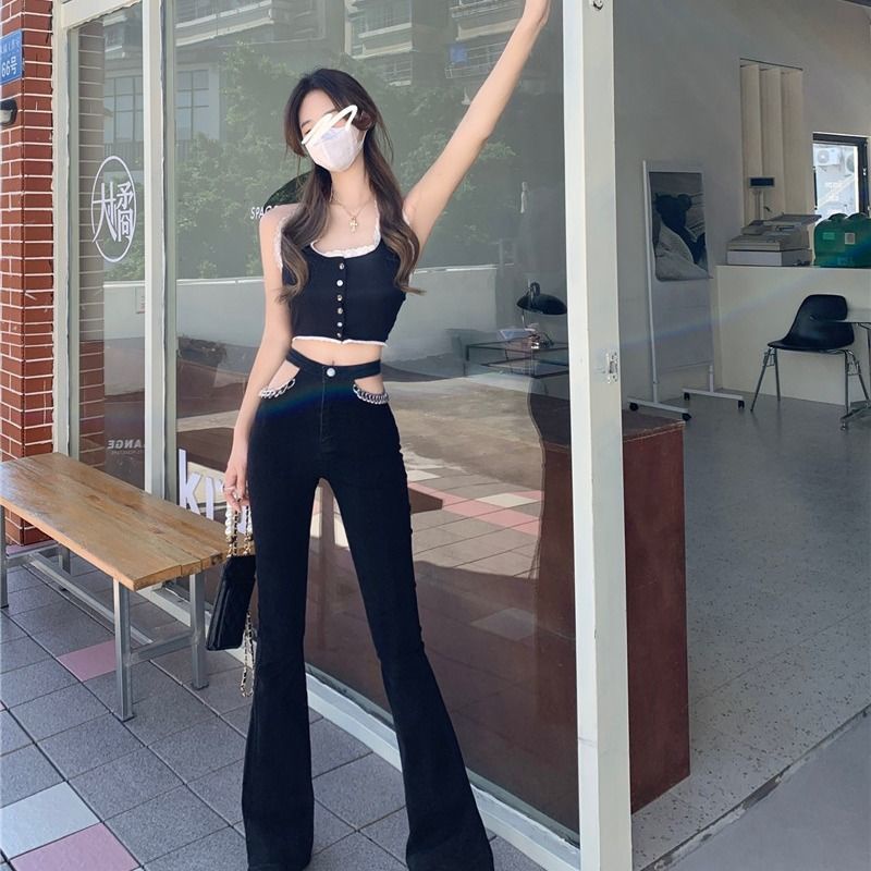 Quần Jeans Đen Lưng Cao Ống Loe Phối Dây Xích Thời Trang Cho Nữ
