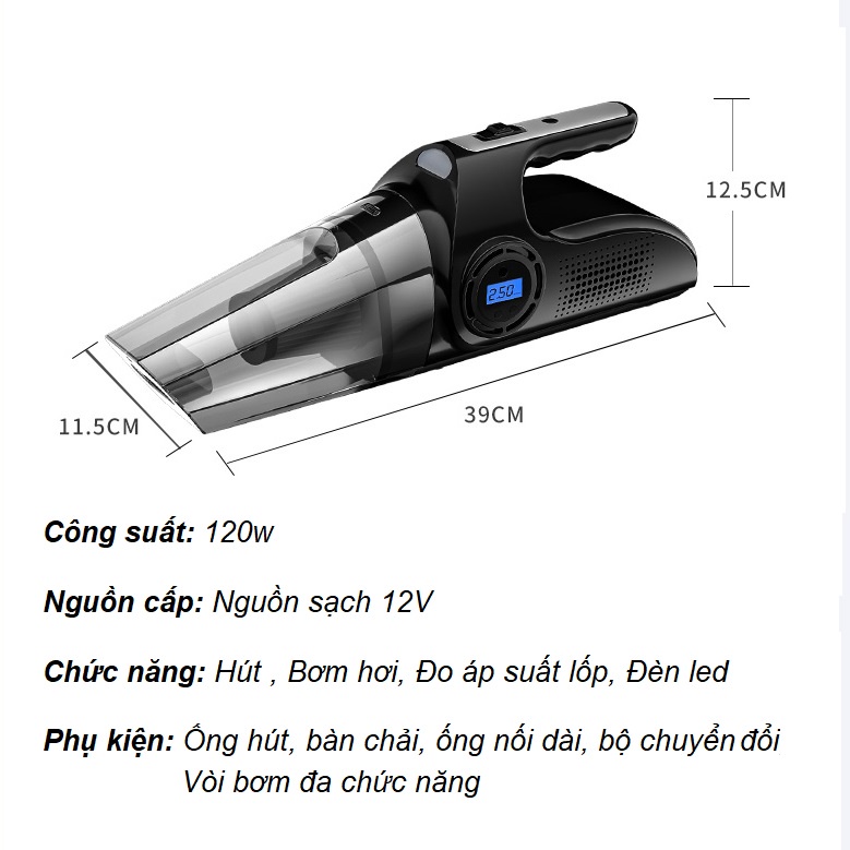 Máy Hút Bụi Cầm Tay Bơm Lốp Ô Tô Không Dây Đa Năng 4 Trong 1 màn hình kỹ thuật số Malieza