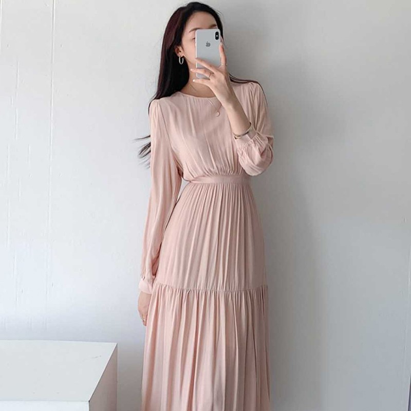 (ORDER) Váy voan dài tay thun eo xòe dài xếp ly đơn giản sang trọng thanh lịch kiểu Pháp
