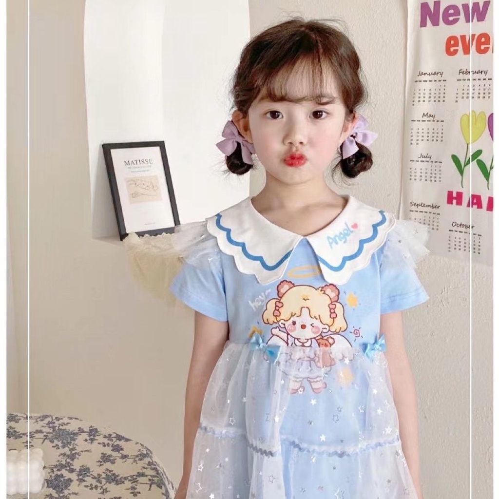 Đầm Công Chúa Tay Ngắn Phối Lưới In Hoạt Hình Kiểu Hàn Quốc Thời Trang Mùa Hè Cho Bé Gái