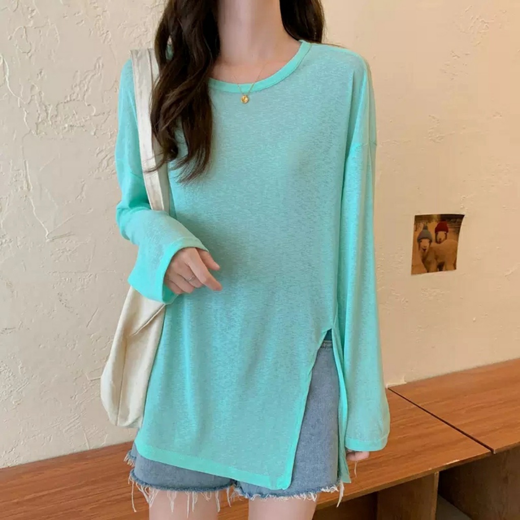 Áo tay dài nữ xẻ tà form giấu quần ANHSTORE, chất thun xược cotton thời trang