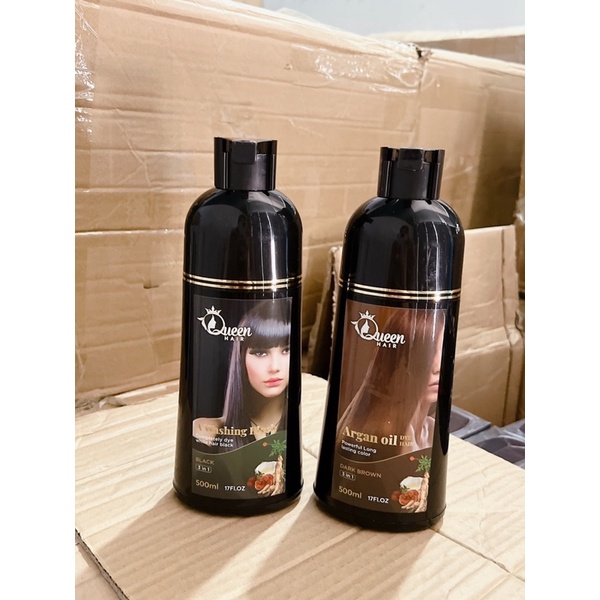 Dầu gội phủ bạc QUEEN HAIR 500ml 3 trong 1 nhuộm tóc đen, tóc nâu từ thảo dược tự nhiên, an toàn cho da đầu