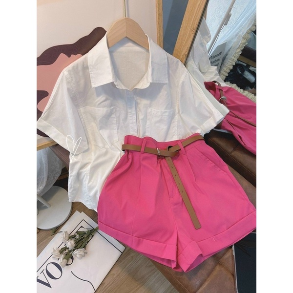 Set short hồng + áo sơ mi tay ngắn 2 túi ( kèm nịt)