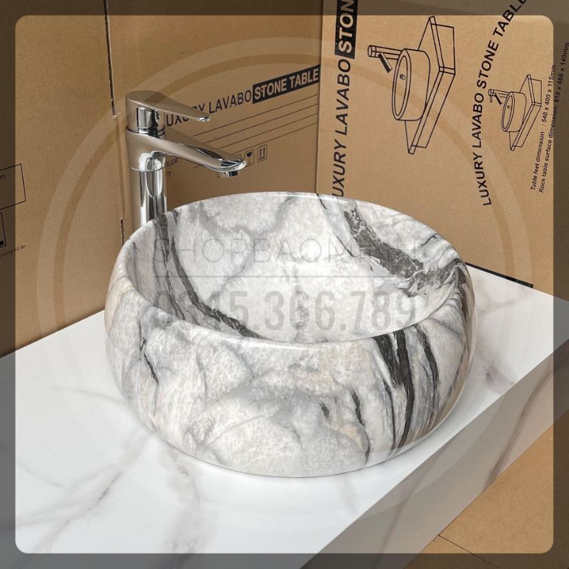 Chậu rửa mặt - Lavabo tròn đặt bàn hoa văn vân đá xám cao cấp, đường kính 40cm.