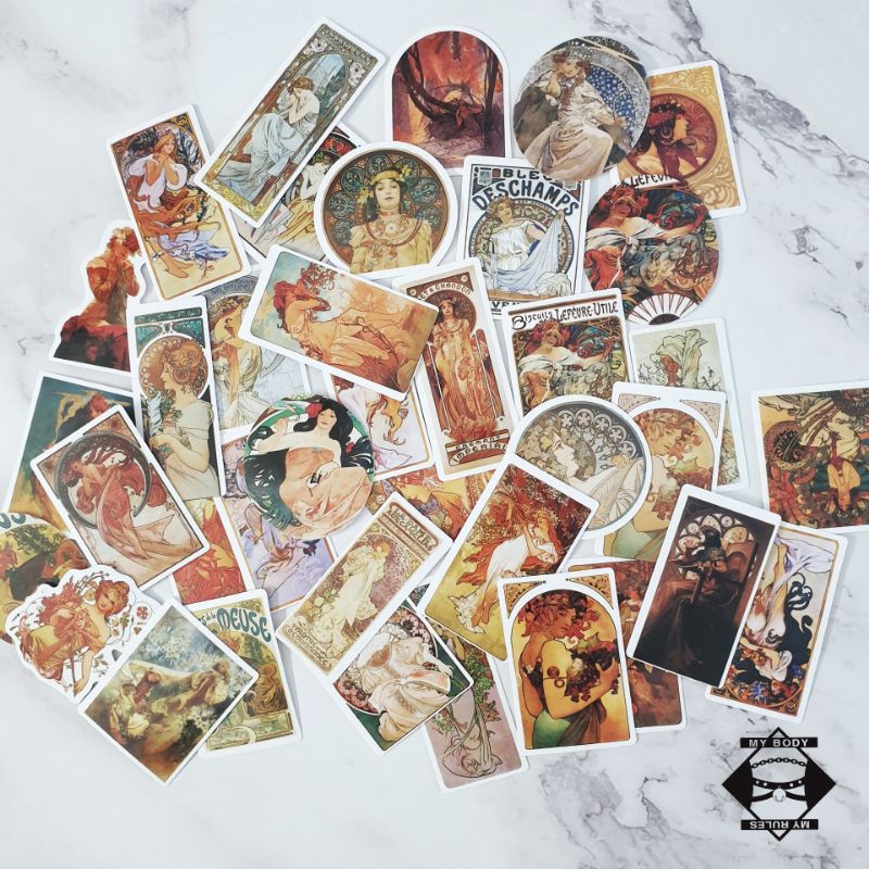 Set sticker/hình dán/decal thời đại Tân nghệ thuật phong trào Art Nouveau của họa sĩ Alphonse Mucha 036.