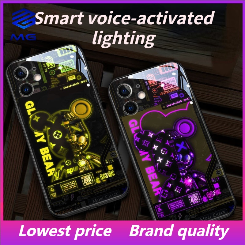 MG gấu hung bạo Call flash điều khiển âm thanh Hộp đựng điện thoại bằng kính LED cho Samsung S21 S30 S21 + S30 PLUS S21 S22PRO S22 ULTRA S20 PLUS A12 A72 A71 A52 A51 A32 A21S NOTE10 10+ NOTE20