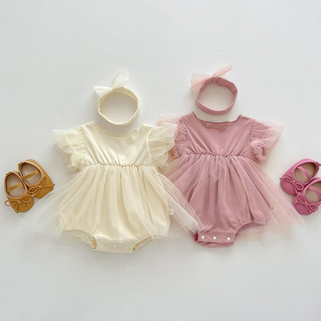 Set đầm công chúa + băng đô nơ dễ thương dành cho bé gái sơ sinh