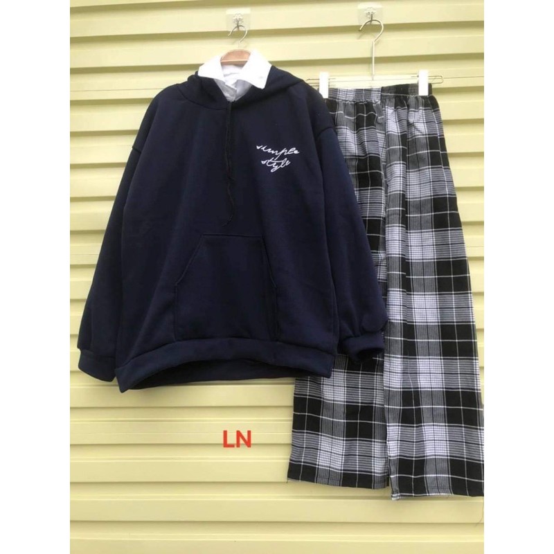 Áo hoodie chữ kí + quần kẻ đen LN11