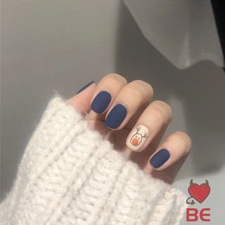 YADORNOS Móng Tay Giả Ngắn Đầu Vuông Màu Xanh Lam Đậm In Họa Tiết Chú Nai Thời Trang Kem Keo Tiện Dụng