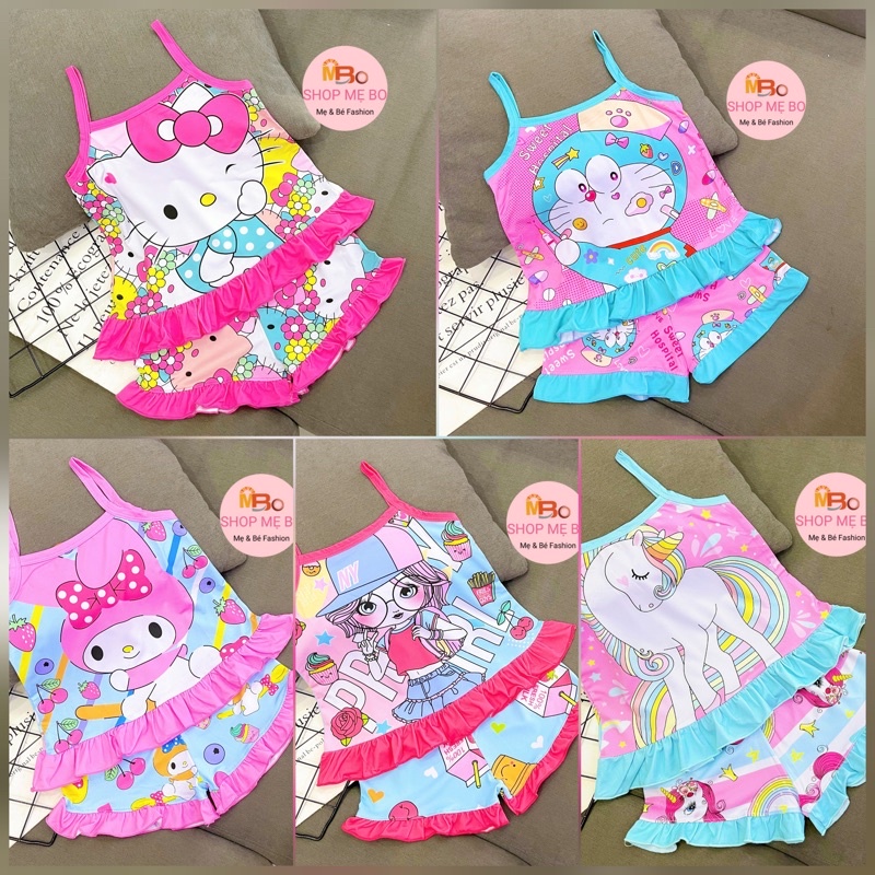 Đồ bộ hè cho bé gái 2 hai dây 3d thun lạnh in hoạt hình búp bê mèo kitty size 8 đến 24kg