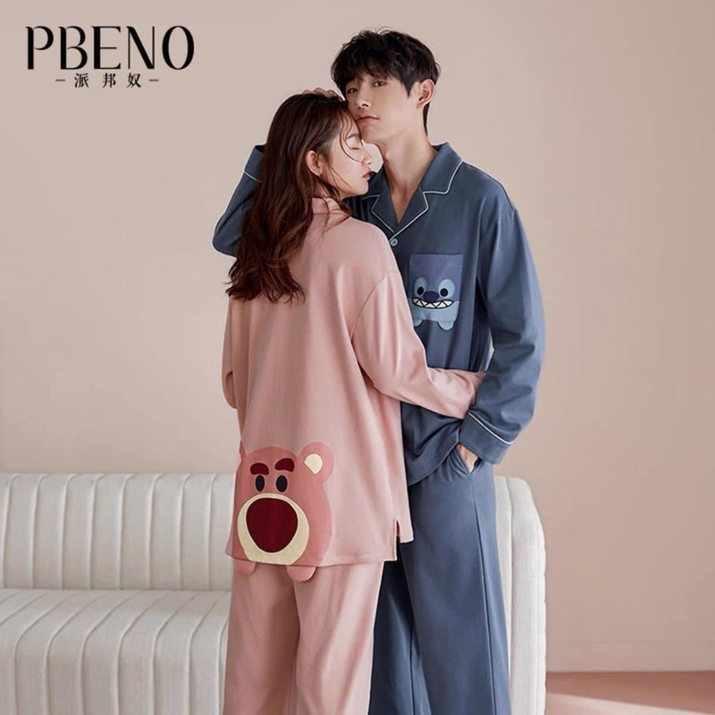 Bộ ngủ đôi lụa gấu hồng dâu tây Stitch dễ thương
