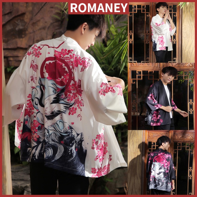 Hy Áo Khoác Kimono Chống Nắng In Hình Chim Hạc Màu Đỏ Phong Cách Retro Cho Nam Và Nữ