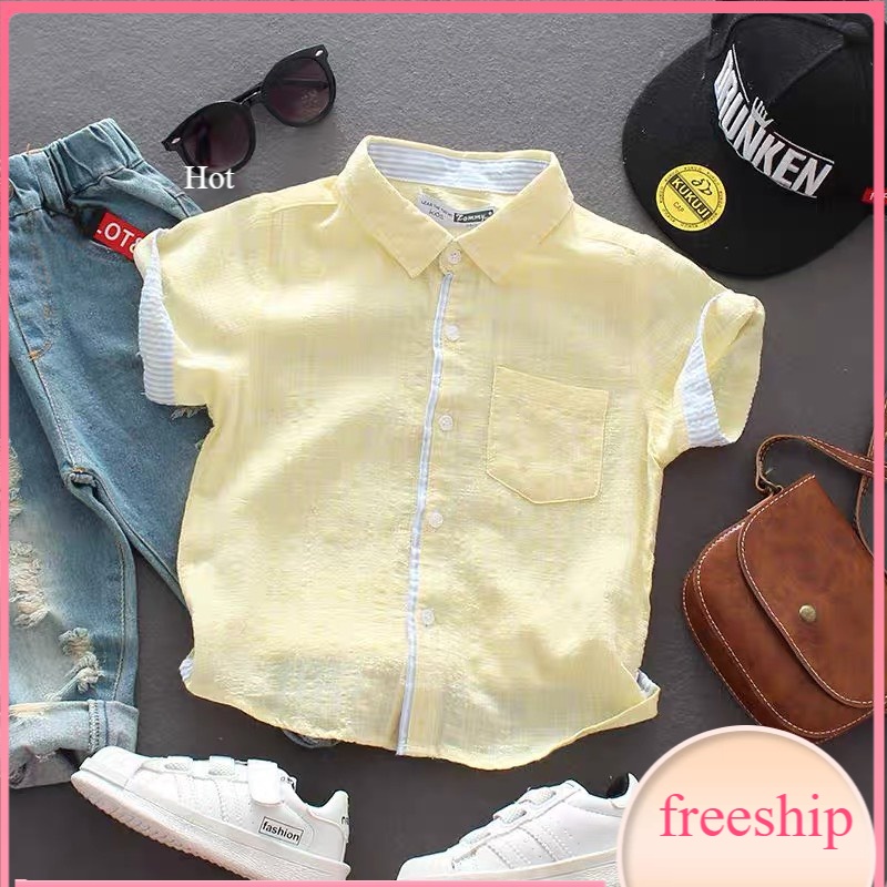 Sơ mi cho bé 2-8 tuổi cộc tay cổ đức màu vàng phối kẻ Tommy, Áo sơ mi bé trai vải đũi nhẹ mát