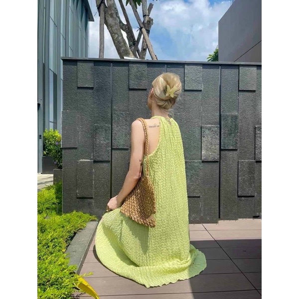 Đầm maxi đi biển cổ yếm đính ngọc vải xốp xịn 4 màu nổi bật