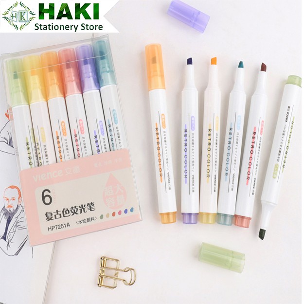 Bút dạ quang 6 màu highlight pastel HAKI, bút đánh dấu nhớ dòng cute nhiều màu marker dễ thương B04