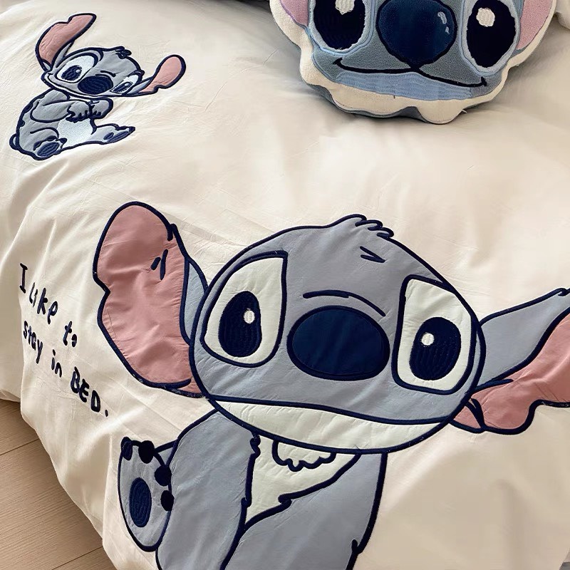 Bộ Chăn Ga Gối 5 Món mẫu STITCH -  Cotton Linen Họa Tiết Hoạt Hình Disney Dễ Thương