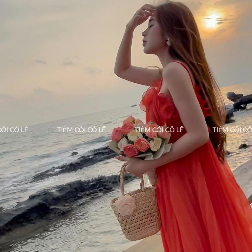 Túi cói mini đan hoa thị quai bện xinh xắn đi biển, chụp ảnh - Tiệm Cói Cô Lê