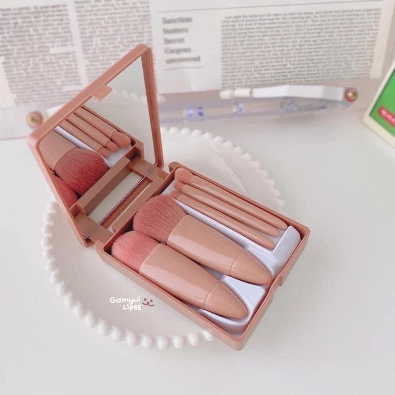 Bộ cọ trang điểm makeup cá nhân 6 món màu hồng Vintage hộp gương